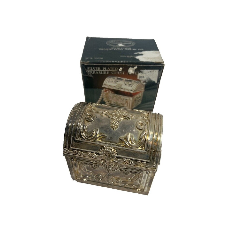 Vintage Silver Embossed Design Small Treasure Trinket Box Red Velvet Lined 3”X3”